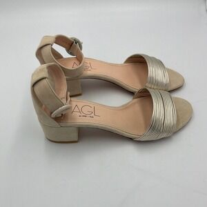 AGL Beige Suede Gold Metallic Ribbed Block Heel Ankle Strap Sandals 37.5 Italy